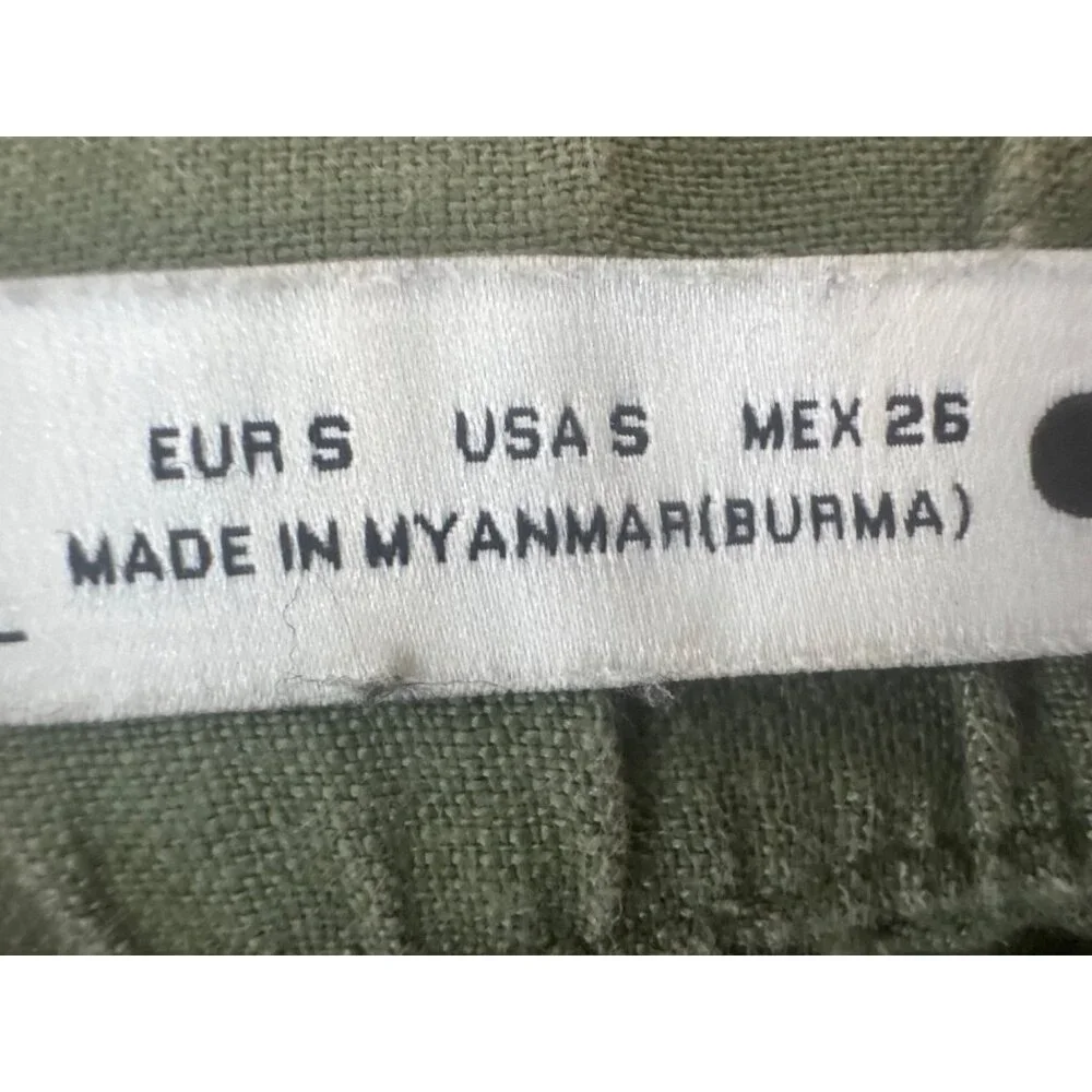 ZARA Womens Small Olive Green Linen Pants Elastic Waist Relaxed Fit